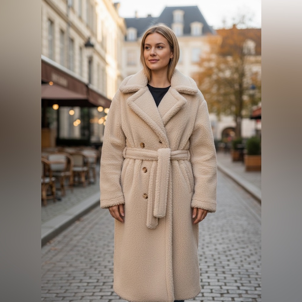 NWT BLANKNYC Women’s Neutral Oat Button Tie Double Breasted Peacoat Coat Jacket